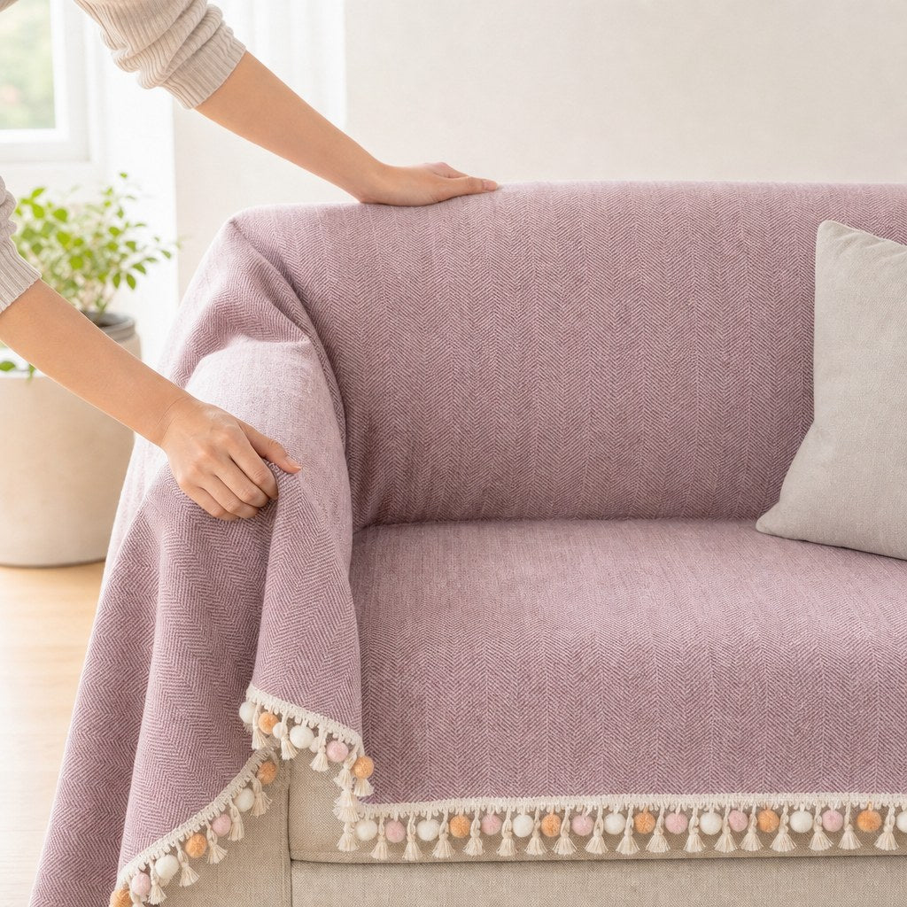 Pet-Friendly Herringbone Tassel Couch Cover · Heather Blush