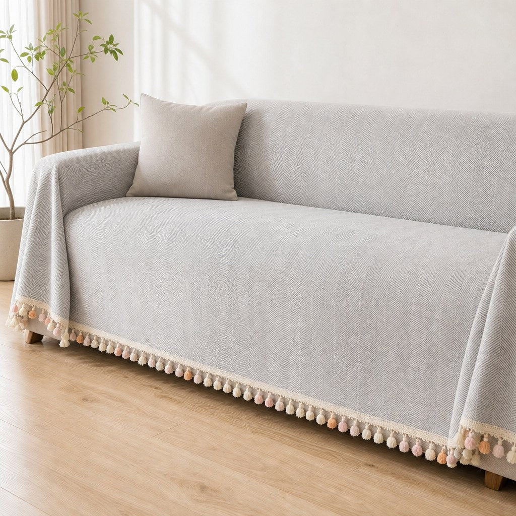 Pet-Friendly Herringbone Tassel Couch Cover · Cloud Drift