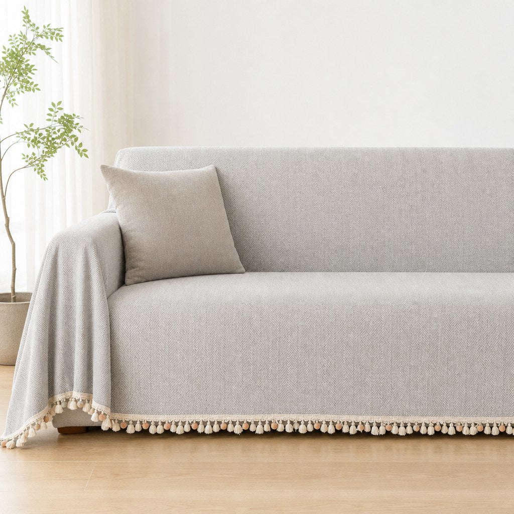 Pet-Friendly Herringbone Tassel Couch Cover · Cloud Drift