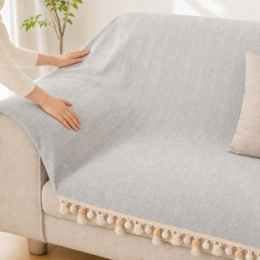 Pet-Friendly Herringbone Tassel Couch Cover · Cloud Drift