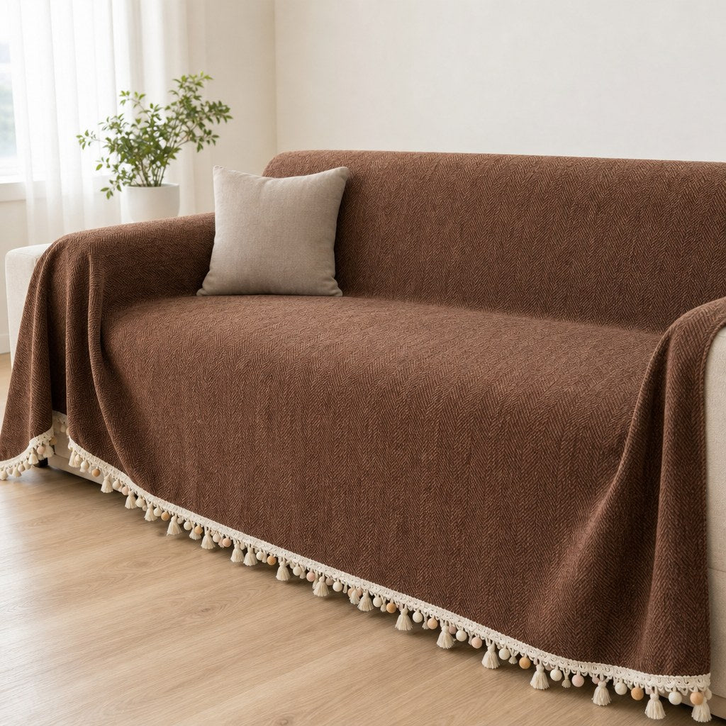 Pet-Friendly Herringbone Tassel Couch Cover · Cocoa Earth