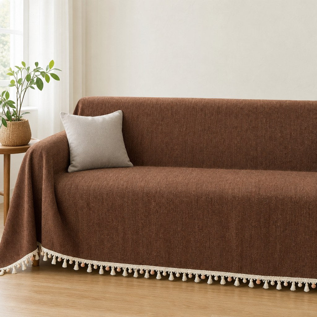 Pet-Friendly Herringbone Tassel Couch Cover · Cocoa Earth