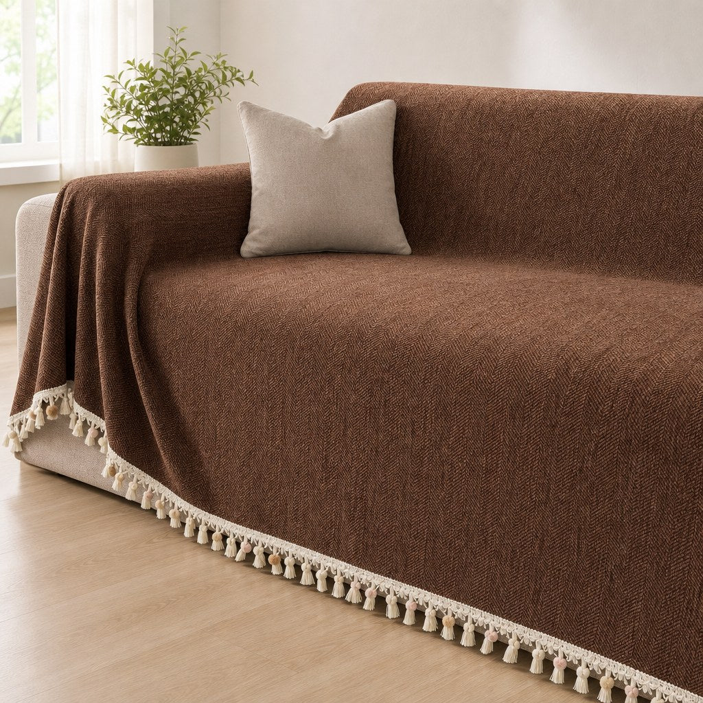 Pet-Friendly Herringbone Tassel Couch Cover · Cocoa Earth