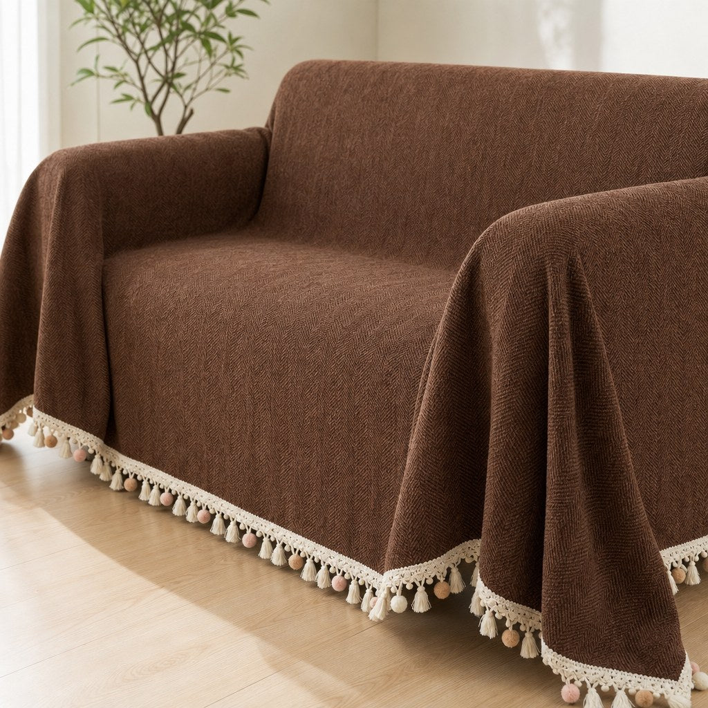 Pet-Friendly Herringbone Tassel Couch Cover · Cocoa Earth