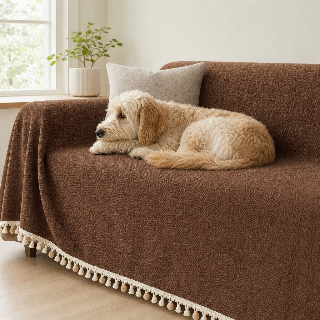 Pet-Friendly Herringbone Tassel Couch Cover · Cocoa Earth