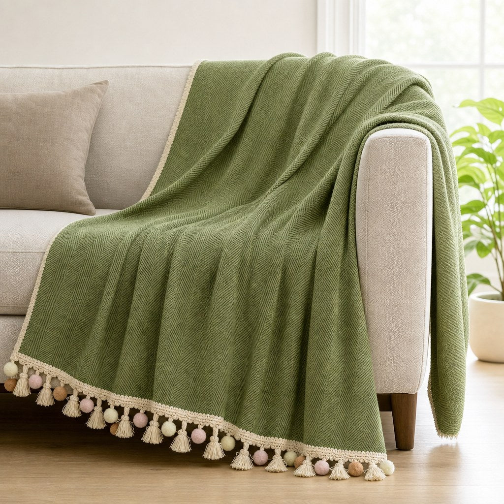 Pet-Friendly Herringbone Tassel Couch Cover · Moss Meadow