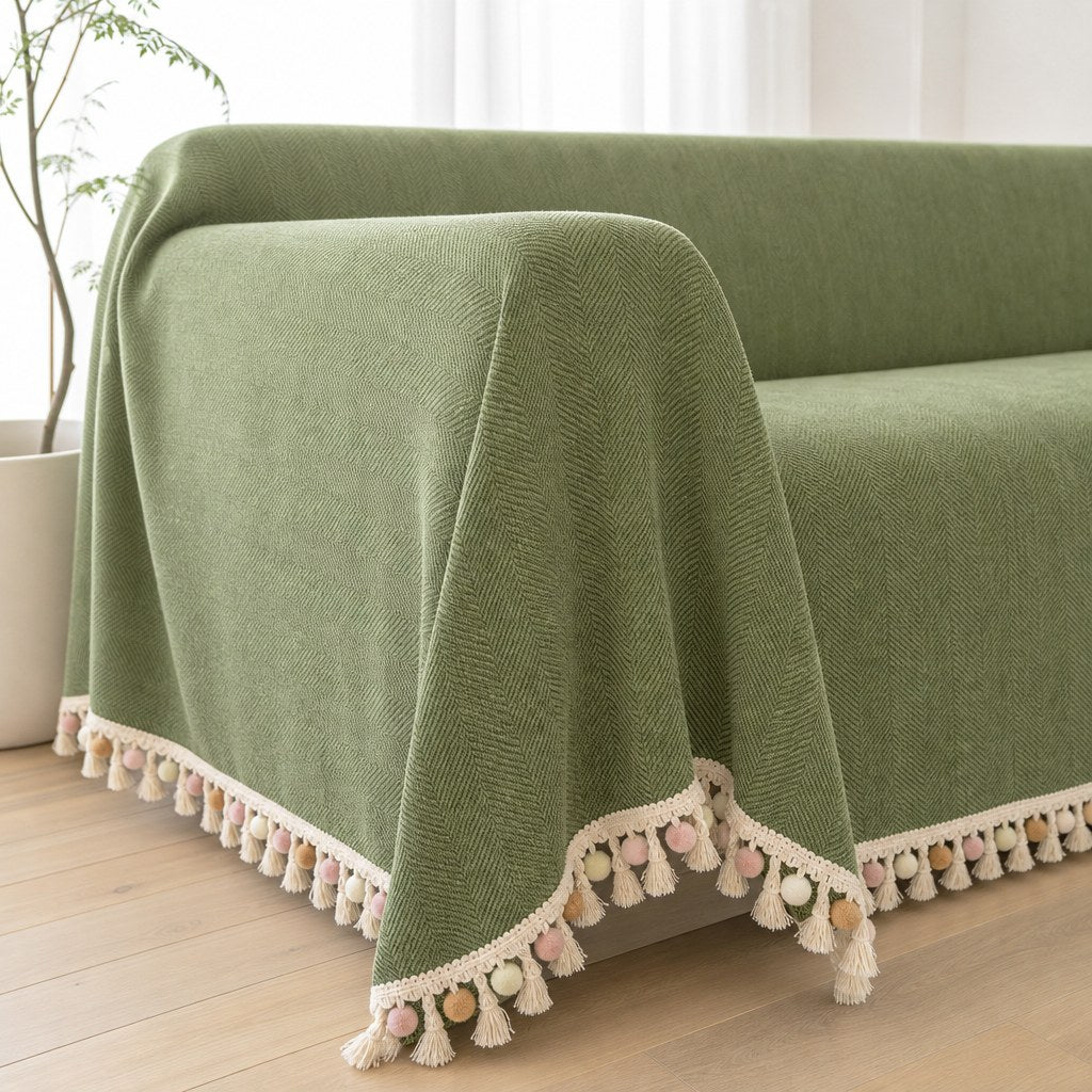 Pet-Friendly Herringbone Tassel Couch Cover · Moss Meadow