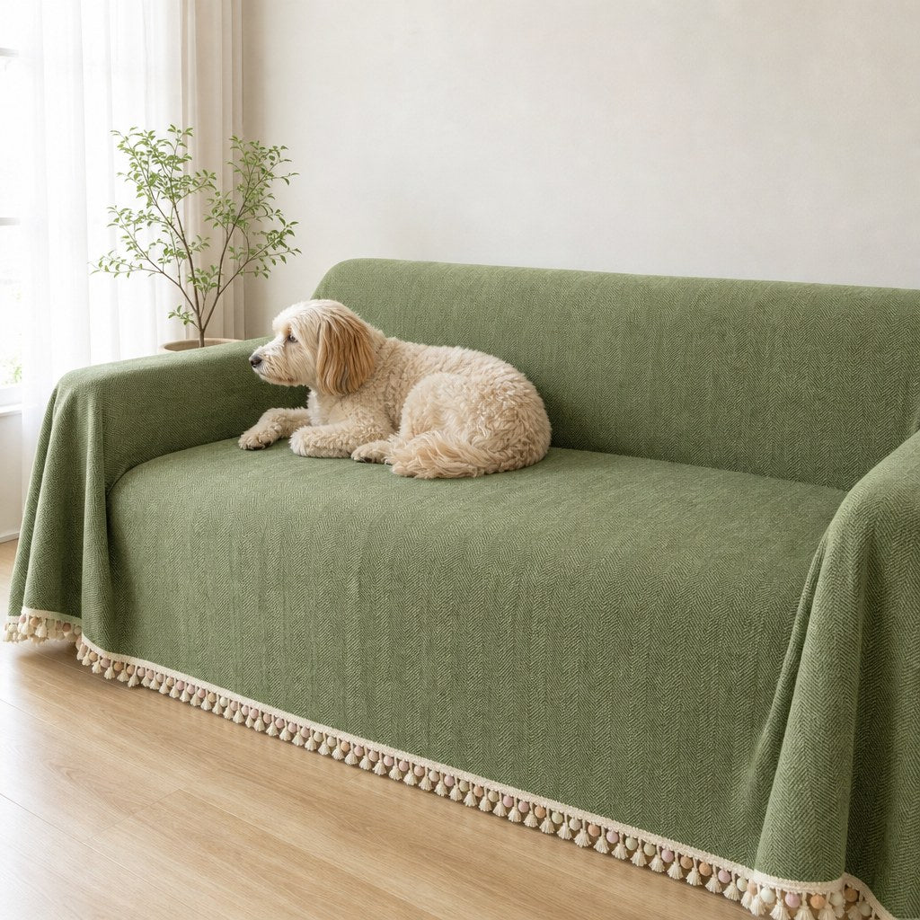 Pet-Friendly Herringbone Tassel Couch Cover · Moss Meadow