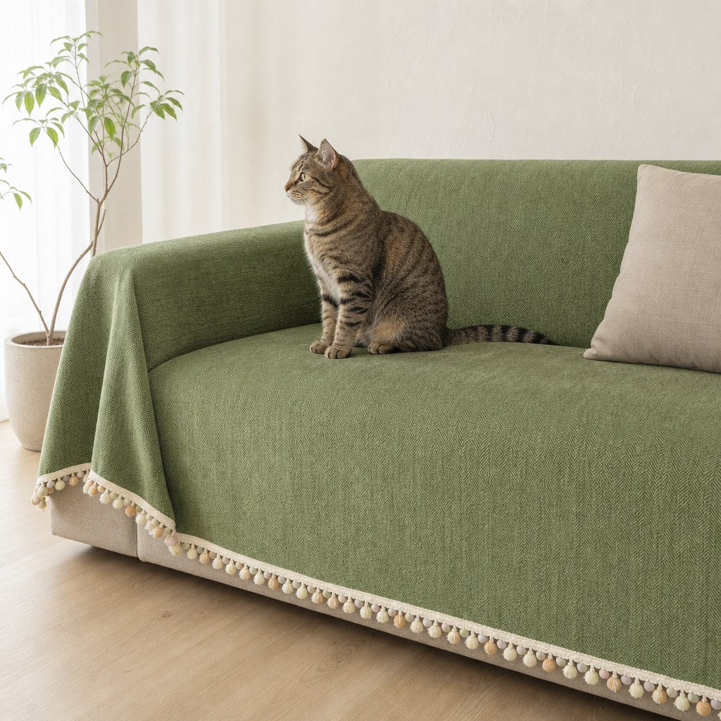 Pet-Friendly Herringbone Tassel Couch Cover · Moss Meadow