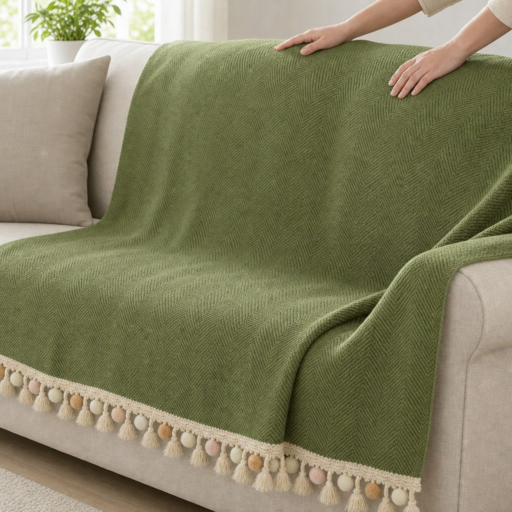 Pet-Friendly Herringbone Tassel Couch Cover · Moss Meadow
