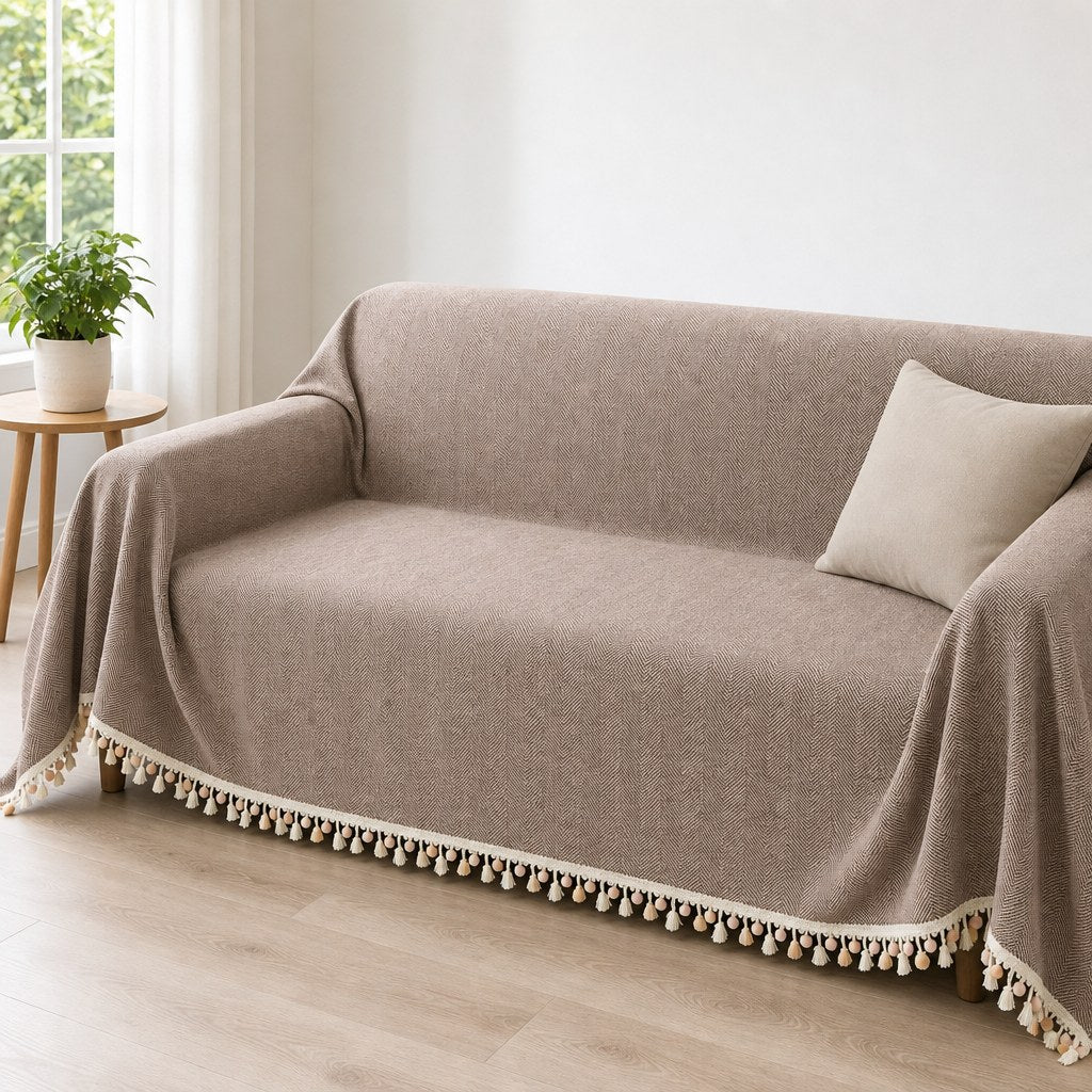 Pet-Friendly Herringbone Tassel Couch Cover · Mushroom Mist