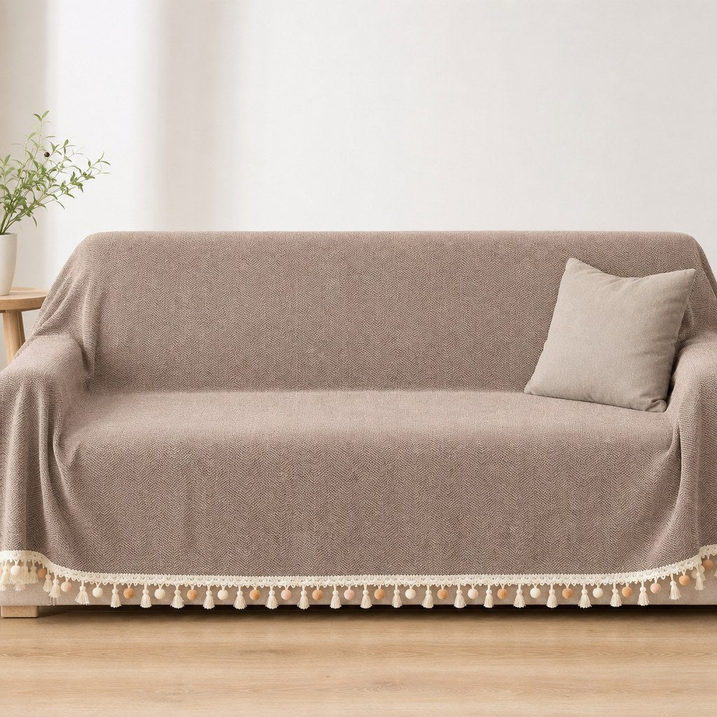 Pet-Friendly Herringbone Tassel Couch Cover · Mushroom Mist