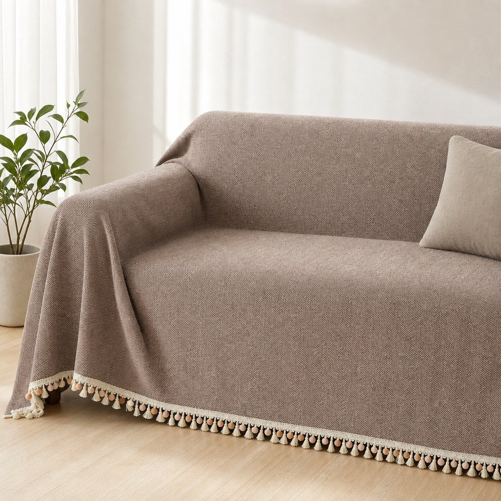 Pet-Friendly Herringbone Tassel Couch Cover · Mushroom Mist