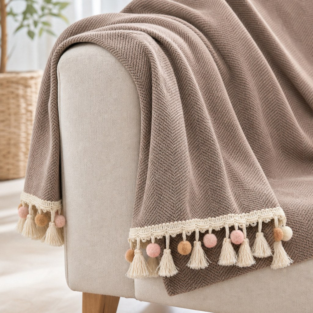 Pet-Friendly Herringbone Tassel Couch Cover · Mushroom Mist