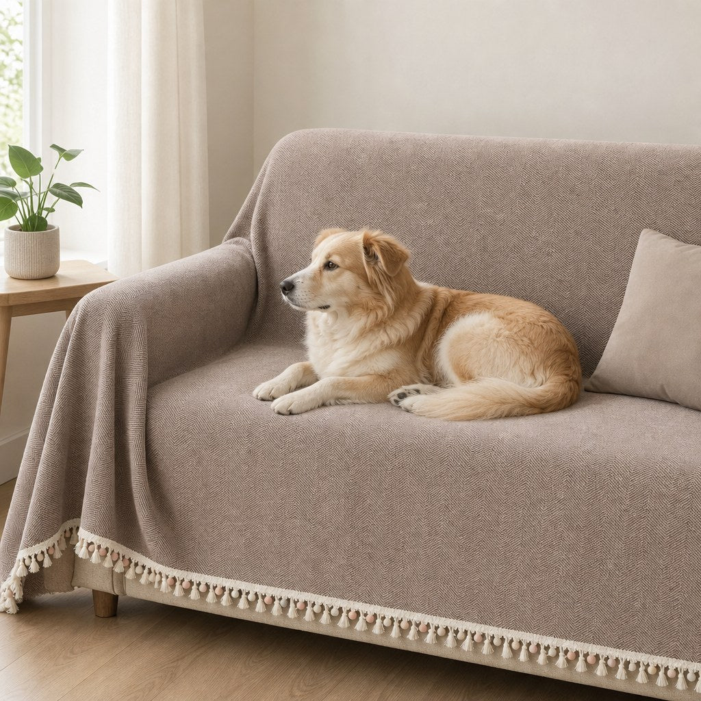Pet-Friendly Herringbone Tassel Couch Cover · Mushroom Mist