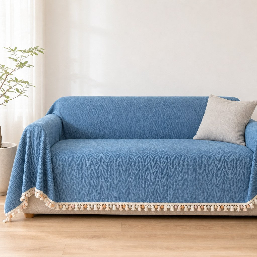 Pet-Friendly Herringbone Tassel Couch Cover · Ocean Breeze