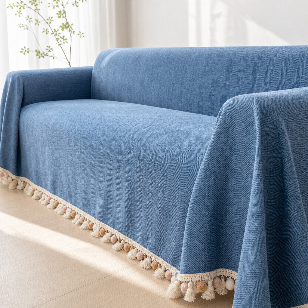 Pet-Friendly Herringbone Tassel Couch Cover · Ocean Breeze