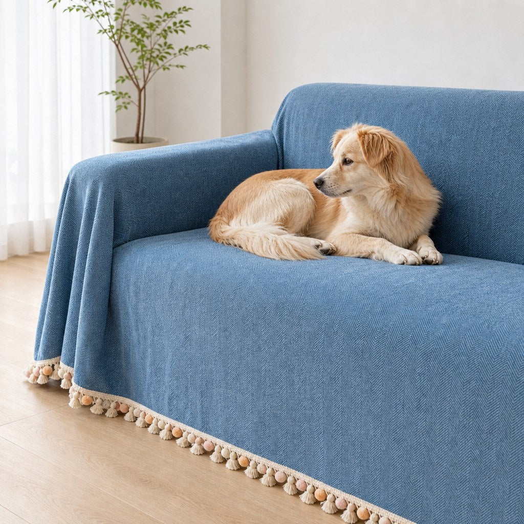 Pet-Friendly Herringbone Tassel Couch Cover · Ocean Breeze