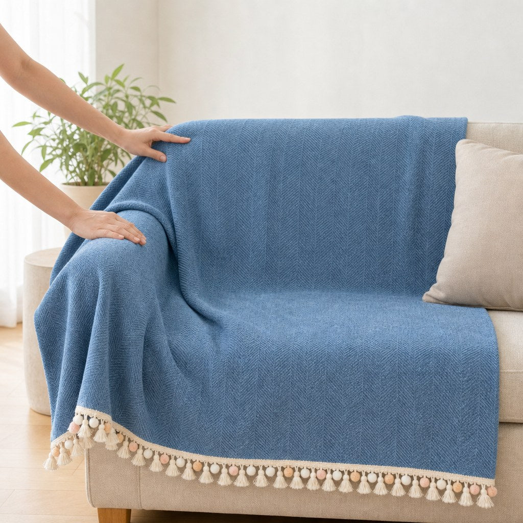 Pet-Friendly Herringbone Tassel Couch Cover · Ocean Breeze