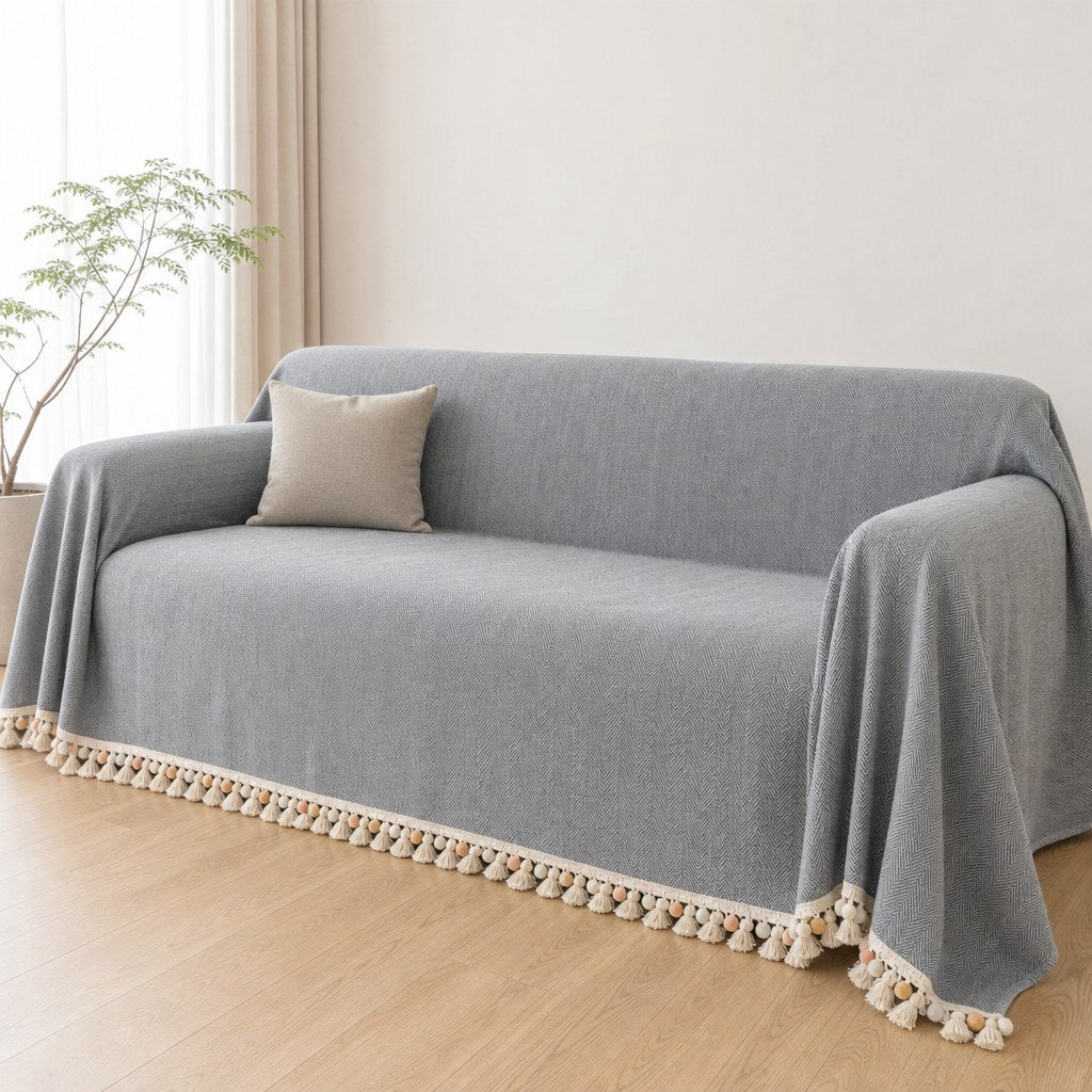 Pet-Friendly Herringbone Tassel Couch Cover · Slate Mist