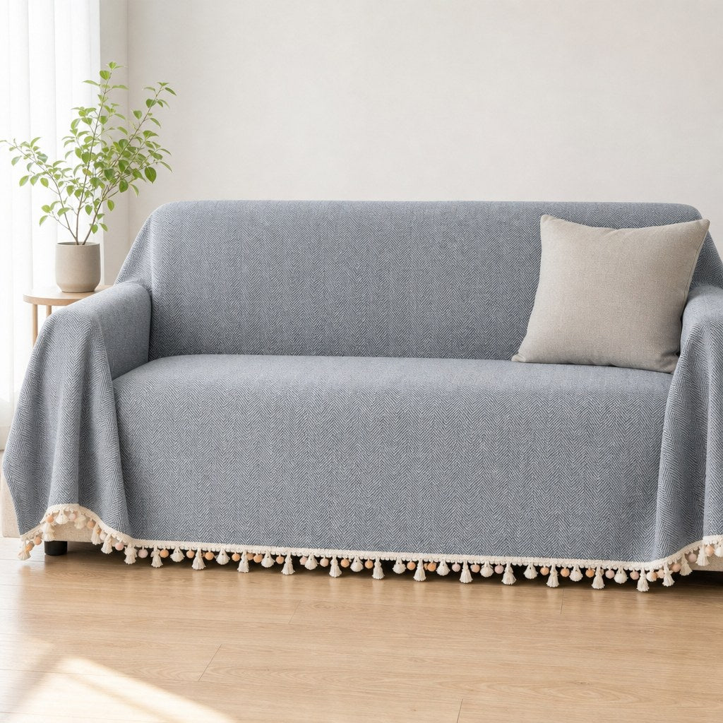 Pet-Friendly Herringbone Tassel Couch Cover · Slate Mist