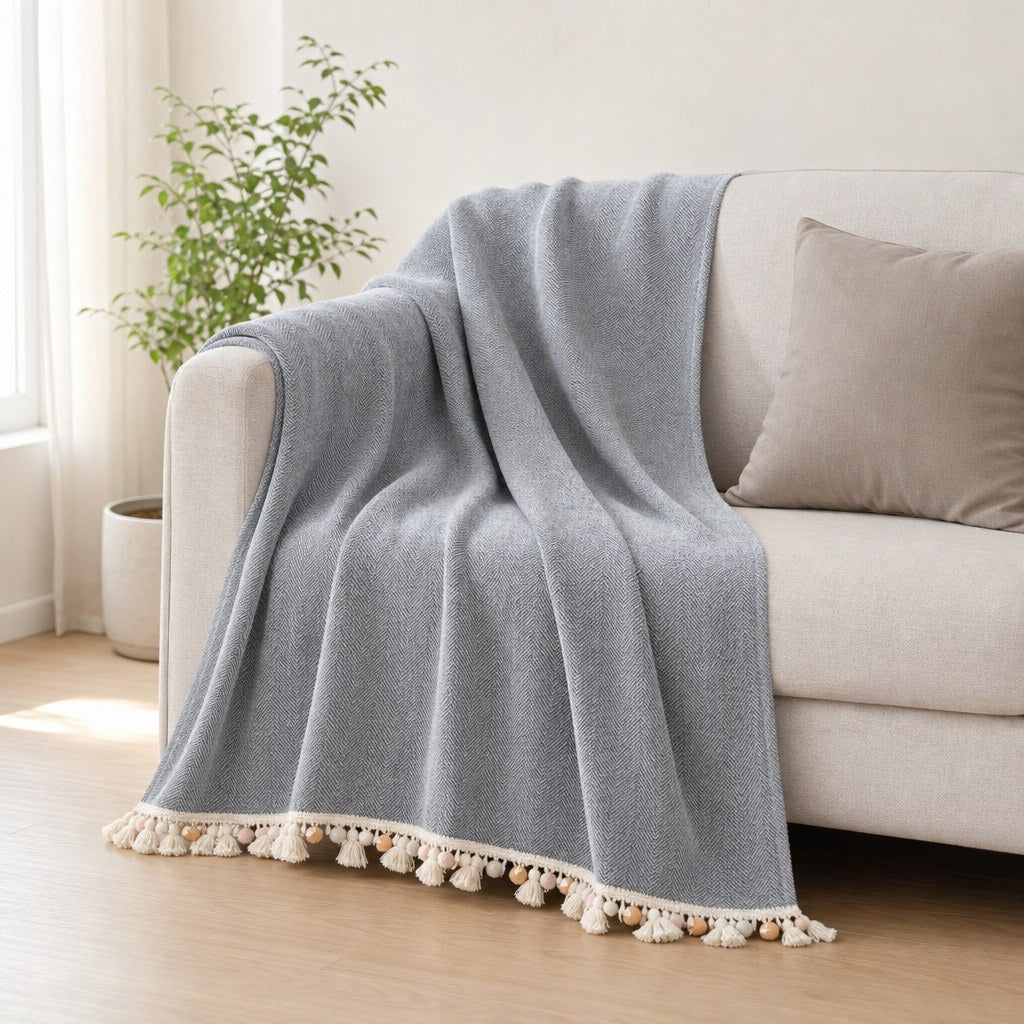 Pet-Friendly Herringbone Tassel Couch Cover · Slate Mist