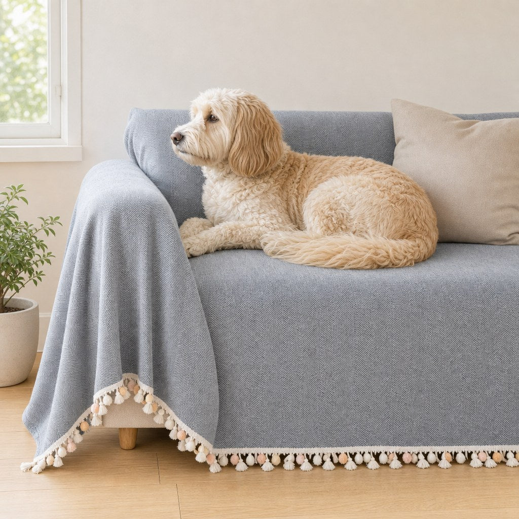 Pet-Friendly Herringbone Tassel Couch Cover · Slate Mist