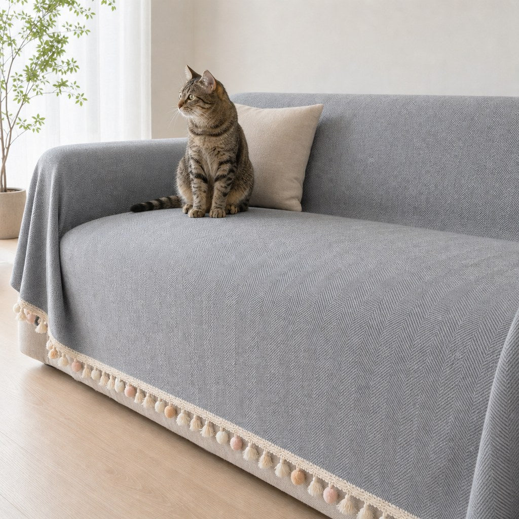 Pet-Friendly Herringbone Tassel Couch Cover · Slate Mist