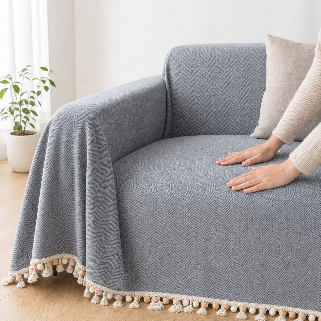 Pet-Friendly Herringbone Tassel Couch Cover · Slate Mist