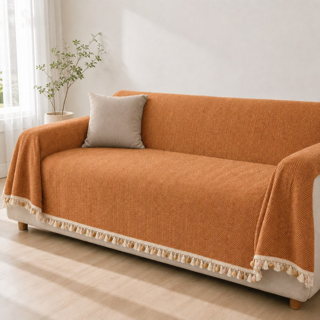 Pet-Friendly Herringbone Tassel Couch Cover · Autumn Spice