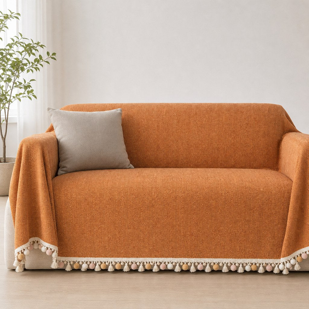 Pet-Friendly Herringbone Tassel Couch Cover · Autumn Spice