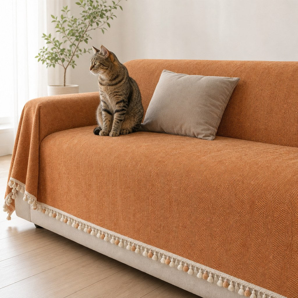 Pet-Friendly Herringbone Tassel Couch Cover · Autumn Spice