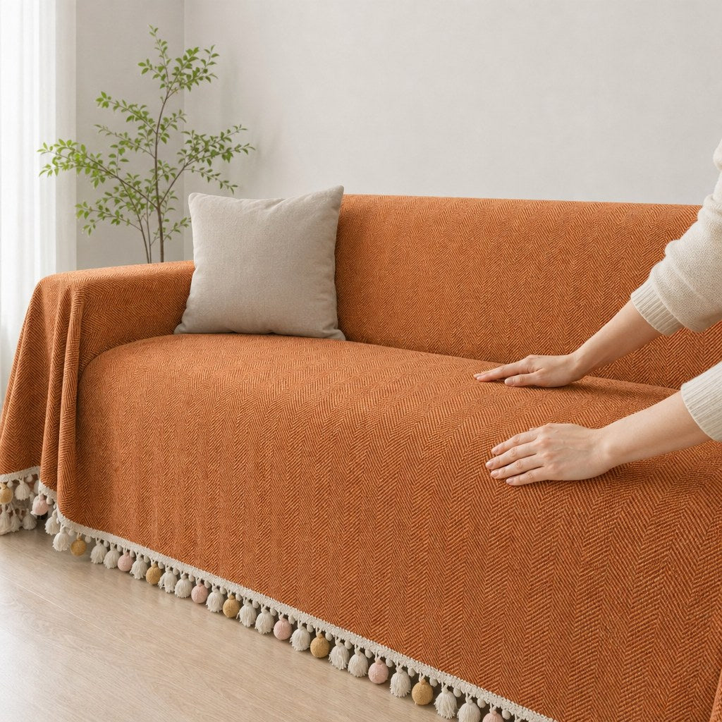 Pet-Friendly Herringbone Tassel Couch Cover · Autumn Spice