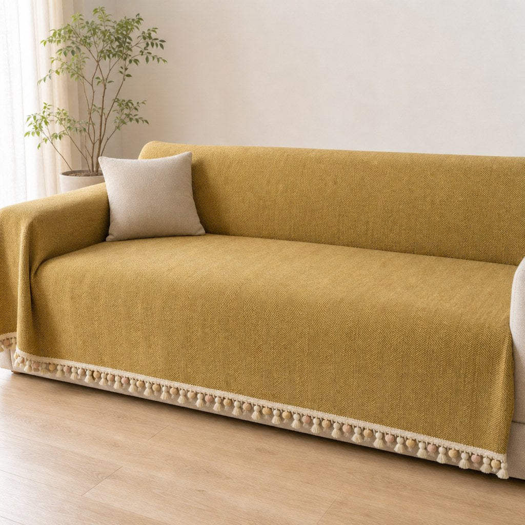 Pet-Friendly Herringbone Tassel Couch Cover · Golden Wheat