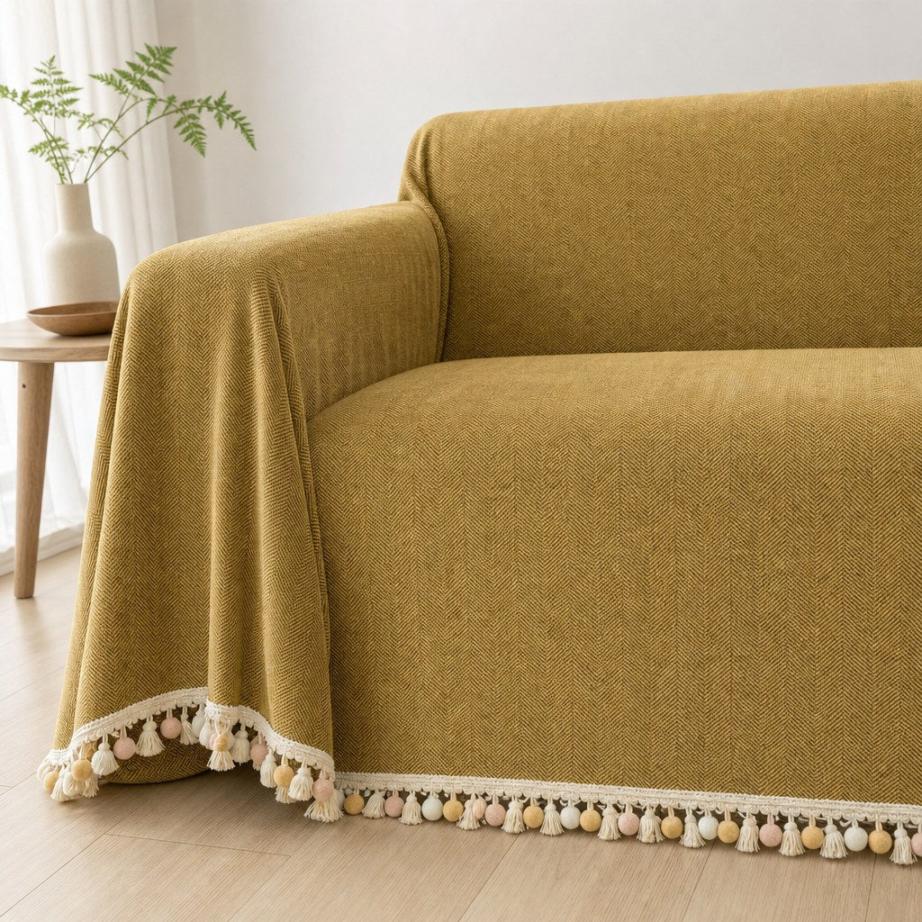 Pet-Friendly Herringbone Tassel Couch Cover · Golden Wheat