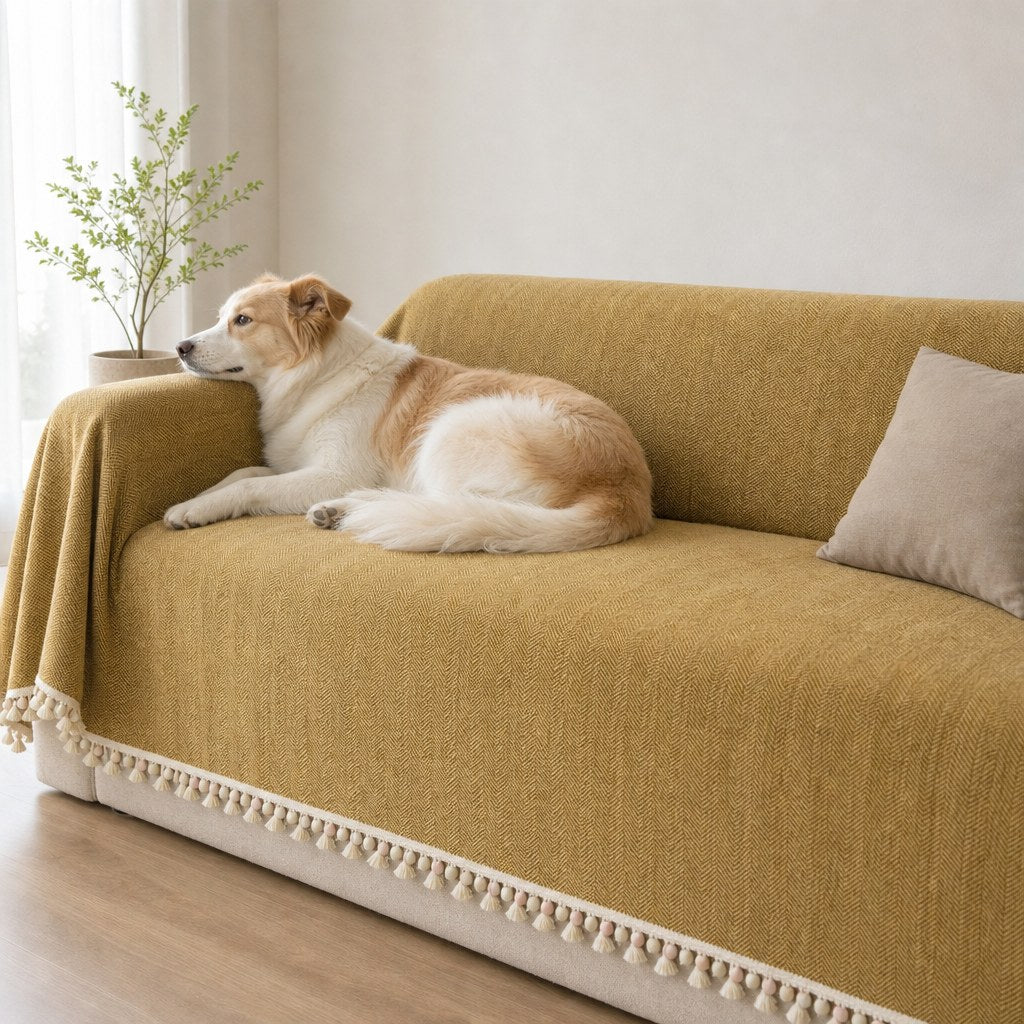 Pet-Friendly Herringbone Tassel Couch Cover · Golden Wheat