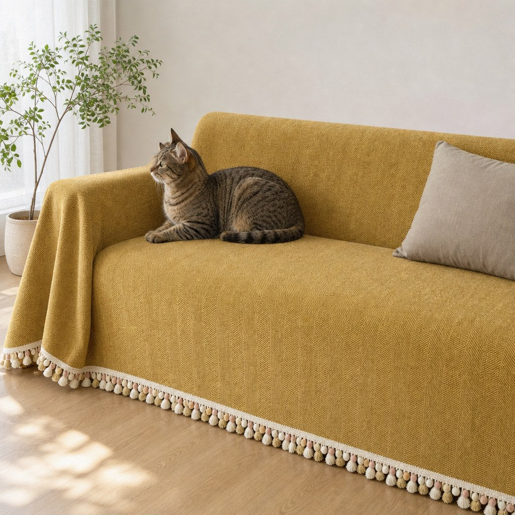 Pet-Friendly Herringbone Tassel Couch Cover · Golden Wheat
