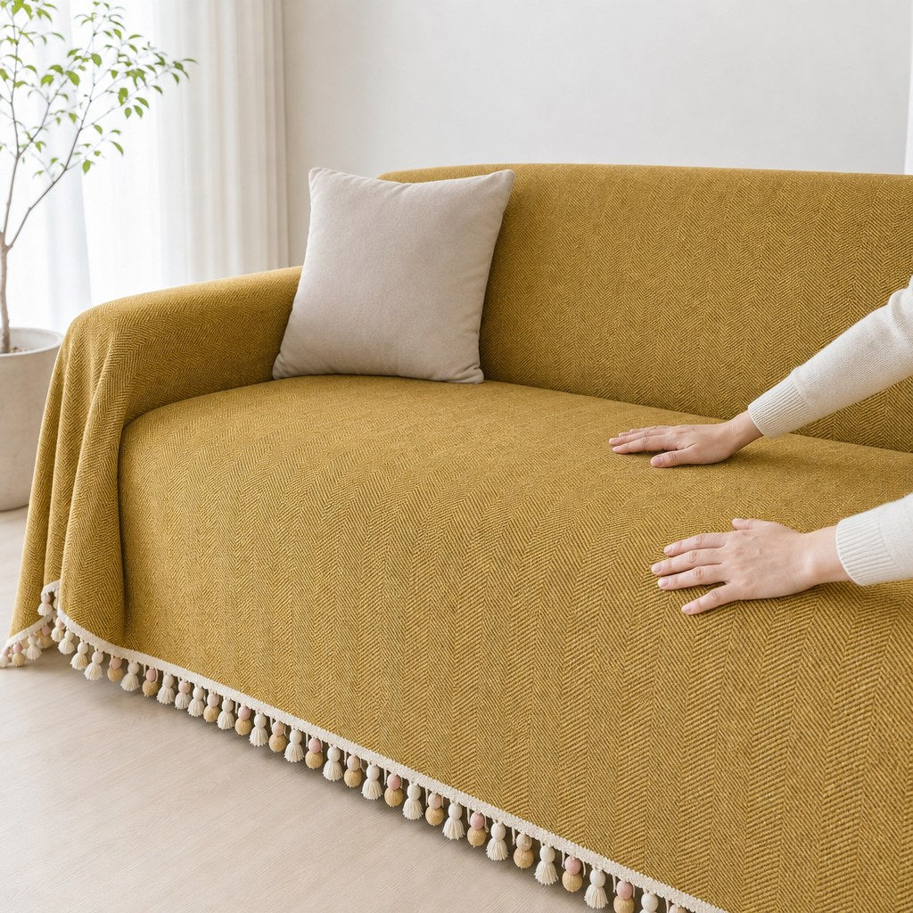 Pet-Friendly Herringbone Tassel Couch Cover · Golden Wheat