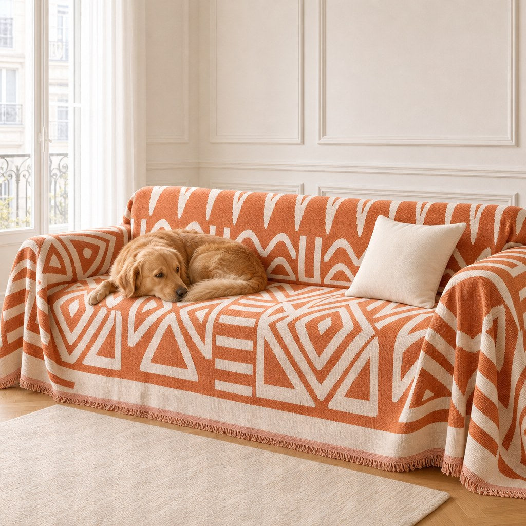 Boho geometric couch cover with dog