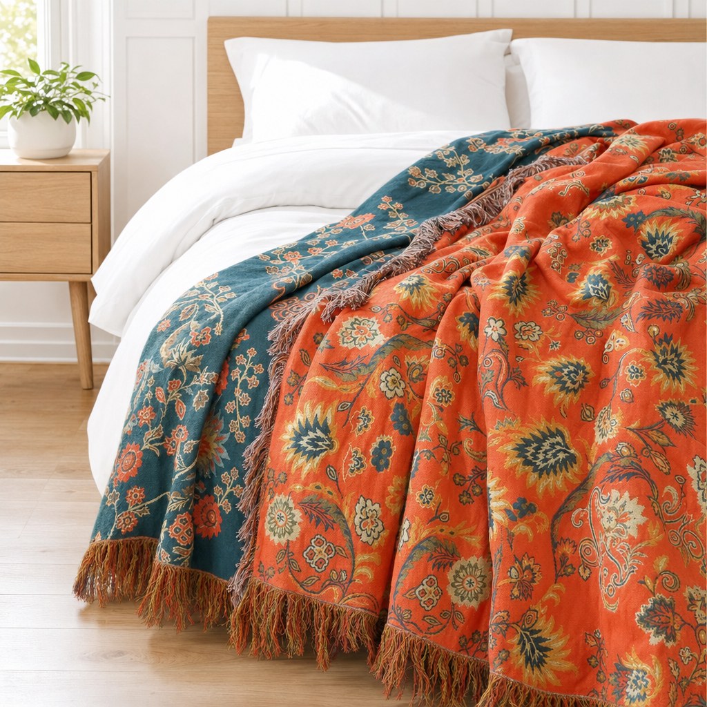 Vintage marigold reversible throw blanket spread across a bed