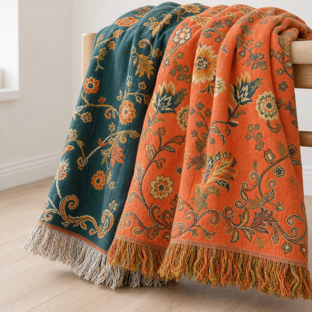 Marigold throw blanket showing both reversible faces draped