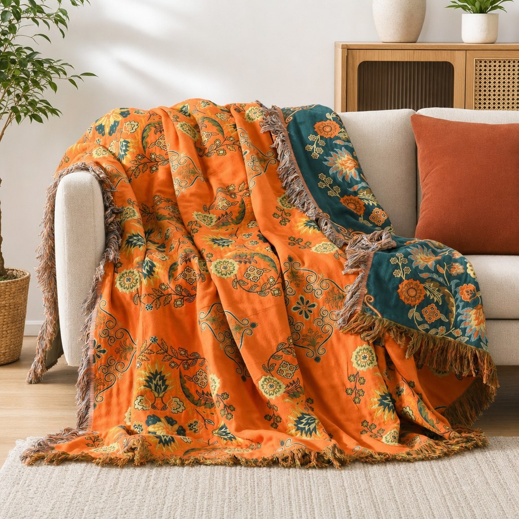 Boho Floral Throw Blanket · Reversible 100% Cotton - Marigold