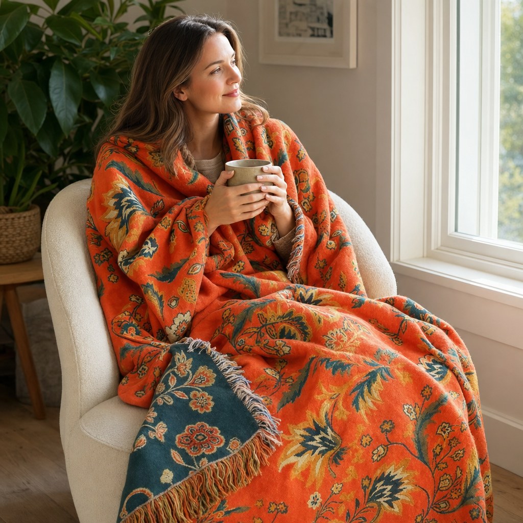 Woman relaxing wrapped in the vintage marigold throw blanket by a window