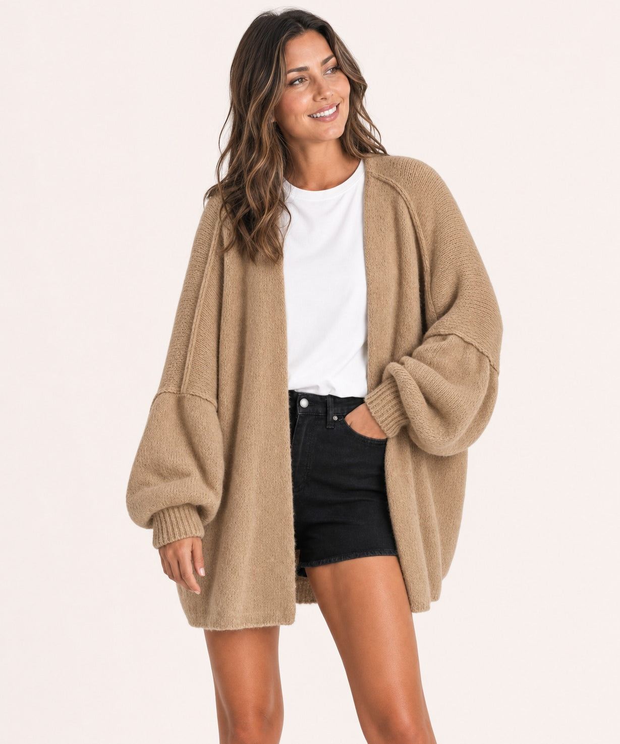 Camel oversized open-front knit cardigan, front view on model :: The model is 5'6" and wears a size M