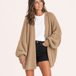 Camel oversized open-front knit cardigan, front view on model :: The model is 5'6" and wears a size M