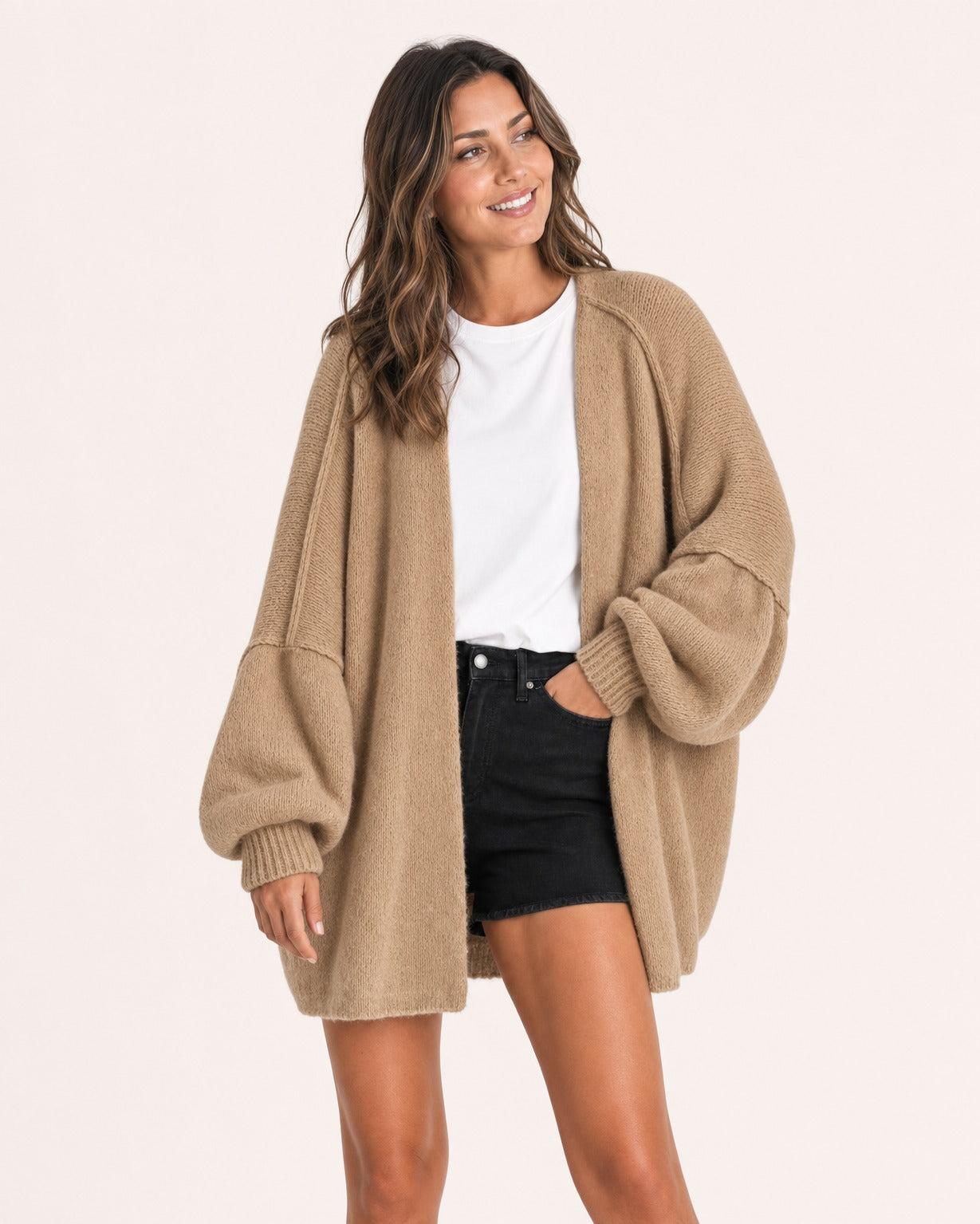 Camel oversized open-front knit cardigan, front view on model :: The model is 5'6" and wears a size M