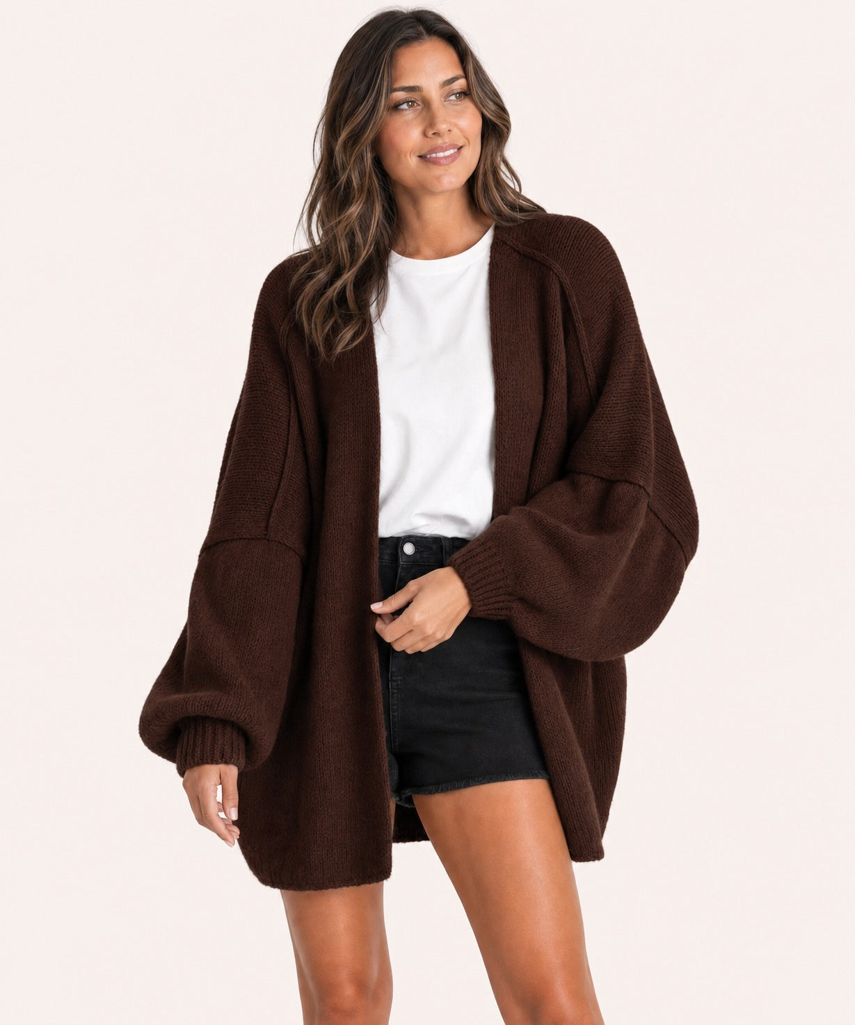 Coffee oversized open-front knit cardigan, front view on model :: The model is 5'6" and wears a size M
