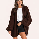 Coffee oversized open-front knit cardigan, front view on model :: The model is 5'6" and wears a size M