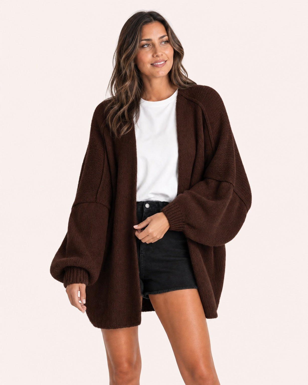 Coffee oversized open-front knit cardigan, front view on model :: The model is 5'6" and wears a size M