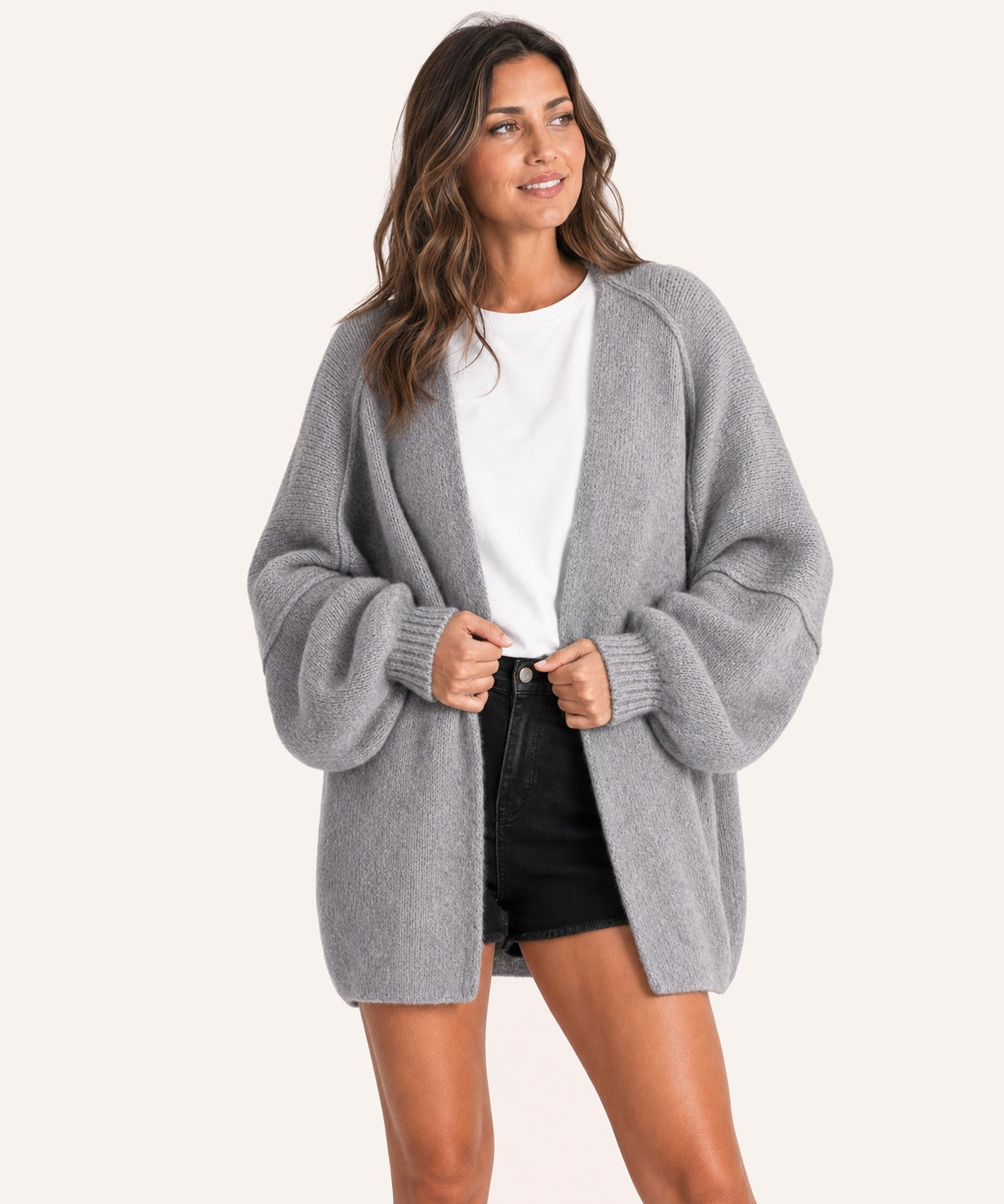 Grey oversized open-front knit cardigan, front view on model :: The model is 5'6" and wears a size M